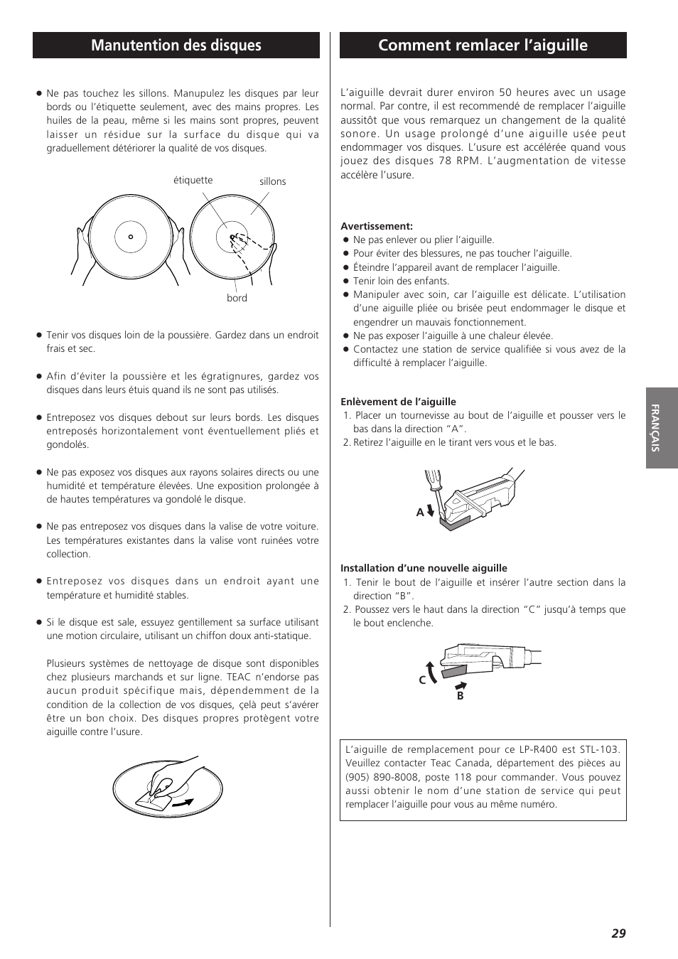 Manutention des disques, Comment remlacer l’aiguille | Teac LPR400 User Manual | Page 29 / 76