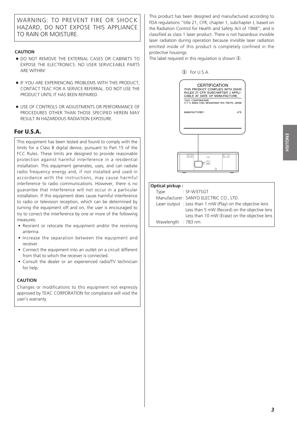 For u.s.a | Teac LPR400 User Manual | Page 3 / 76