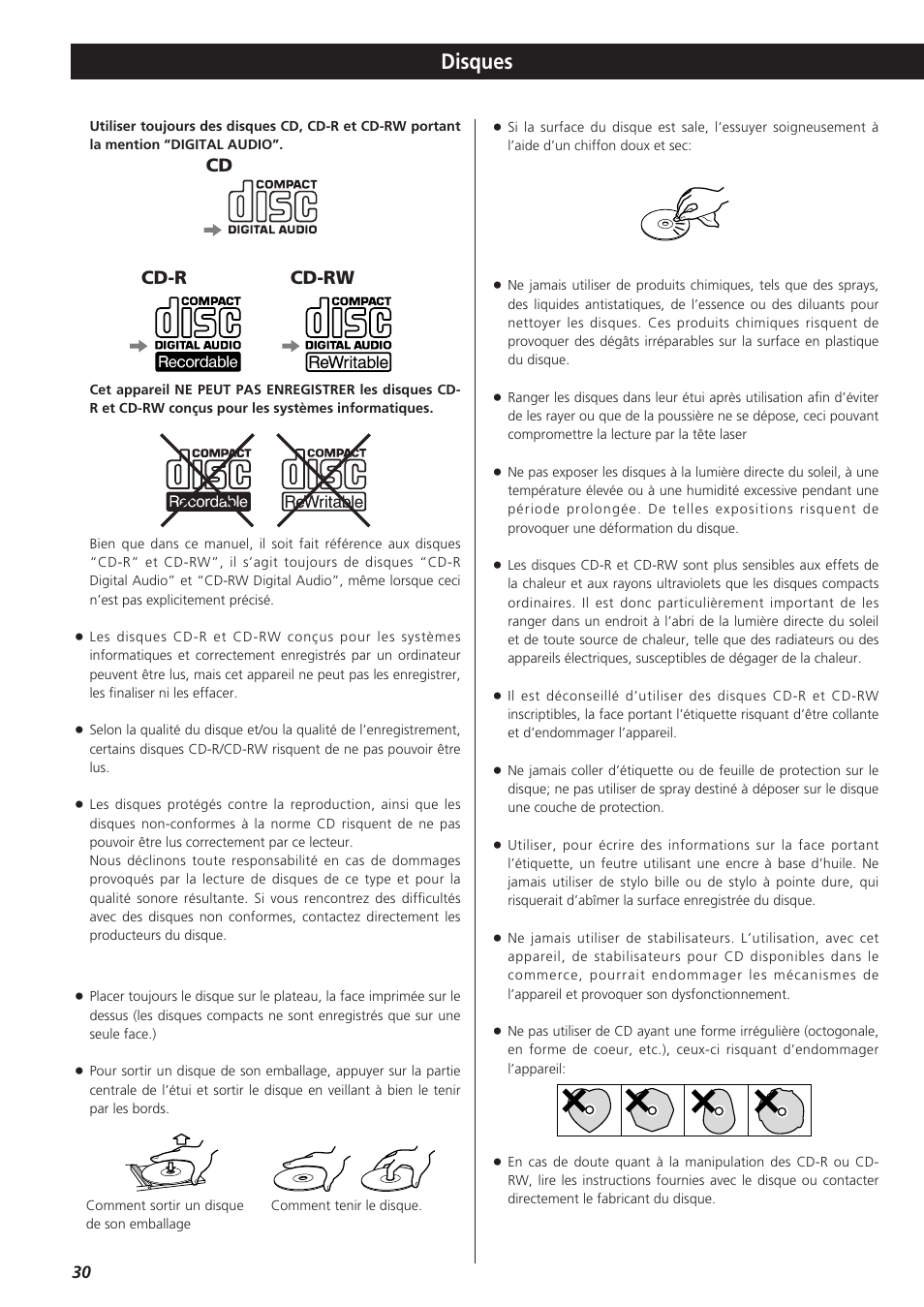 Disques, Cd cd-r cd-rw | Teac LPR400 User Manual | Page 30 / 76