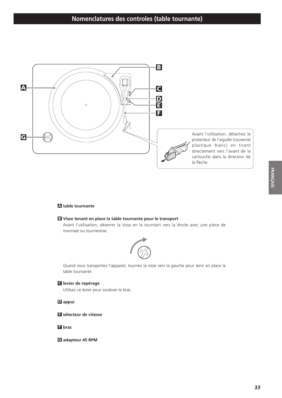 Nomenclatures des controles (table tournante) | Teac LPR400 User Manual | Page 33 / 76