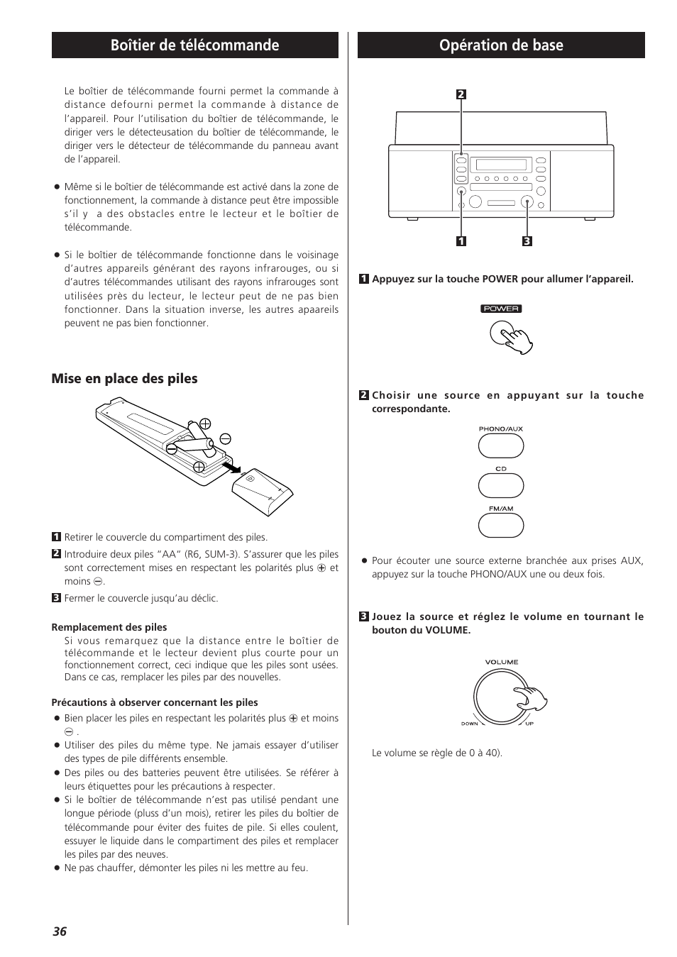 Boîtier de télécommande, Opération de base, Mise en place des piles | Teac LPR400 User Manual | Page 36 / 76