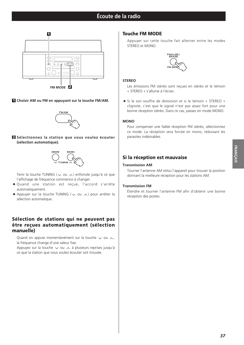 Écoute de la radio, Si la réception est mauvaise, Touche fm mode | Teac LPR400 User Manual | Page 37 / 76