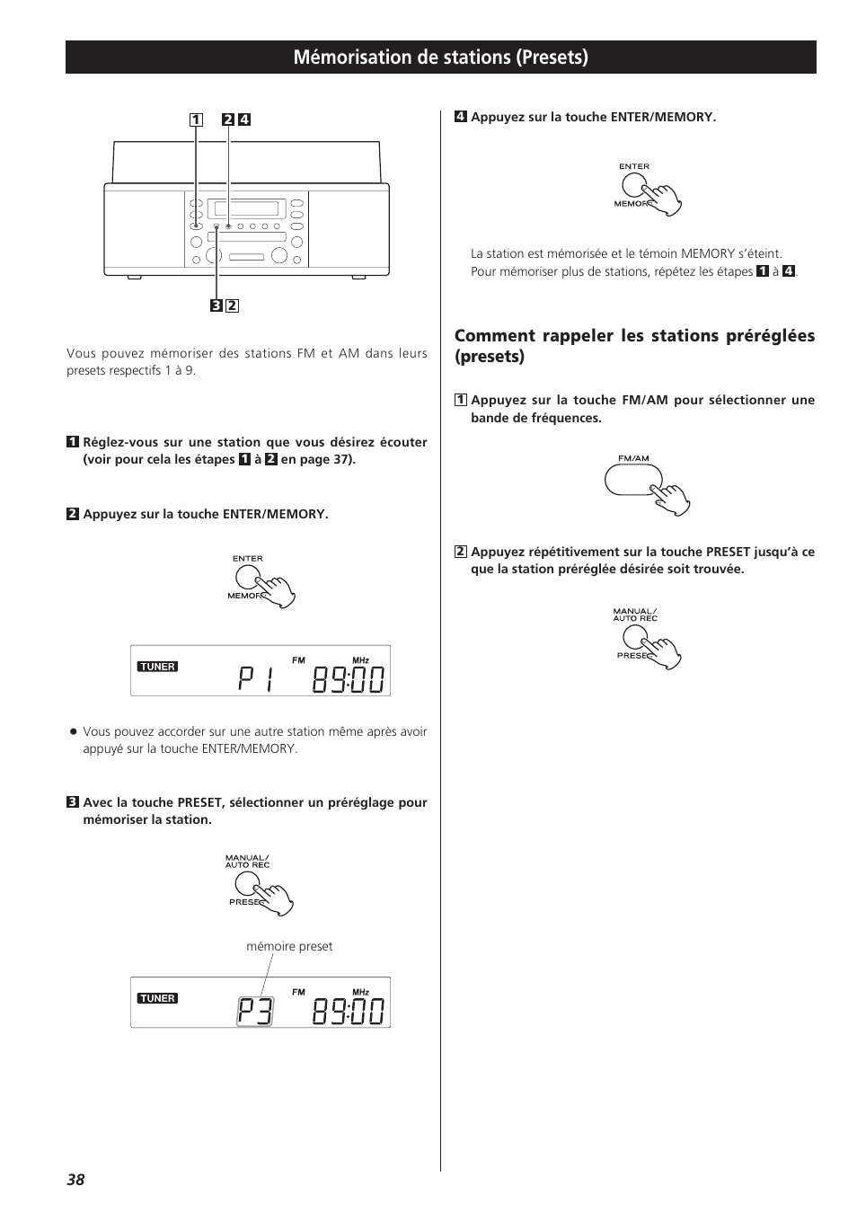 Mémorisation de stations (presets), Comment rappeler les stations préréglées (presets) | Teac LPR400 User Manual | Page 38 / 76