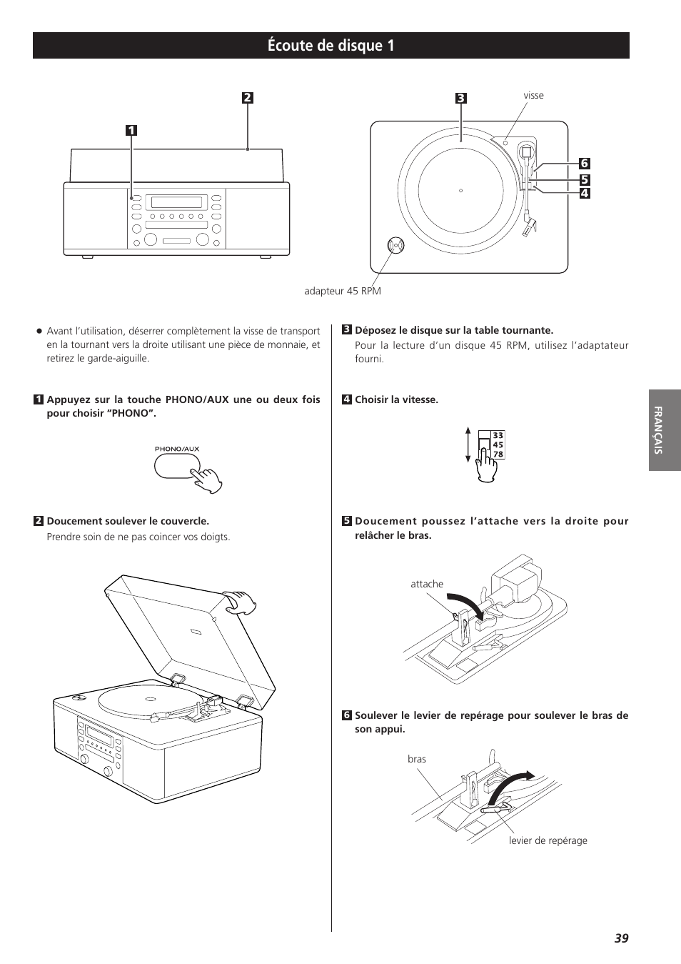 Écoute de disque, Écoute de disque 1 | Teac LPR400 User Manual | Page 39 / 76