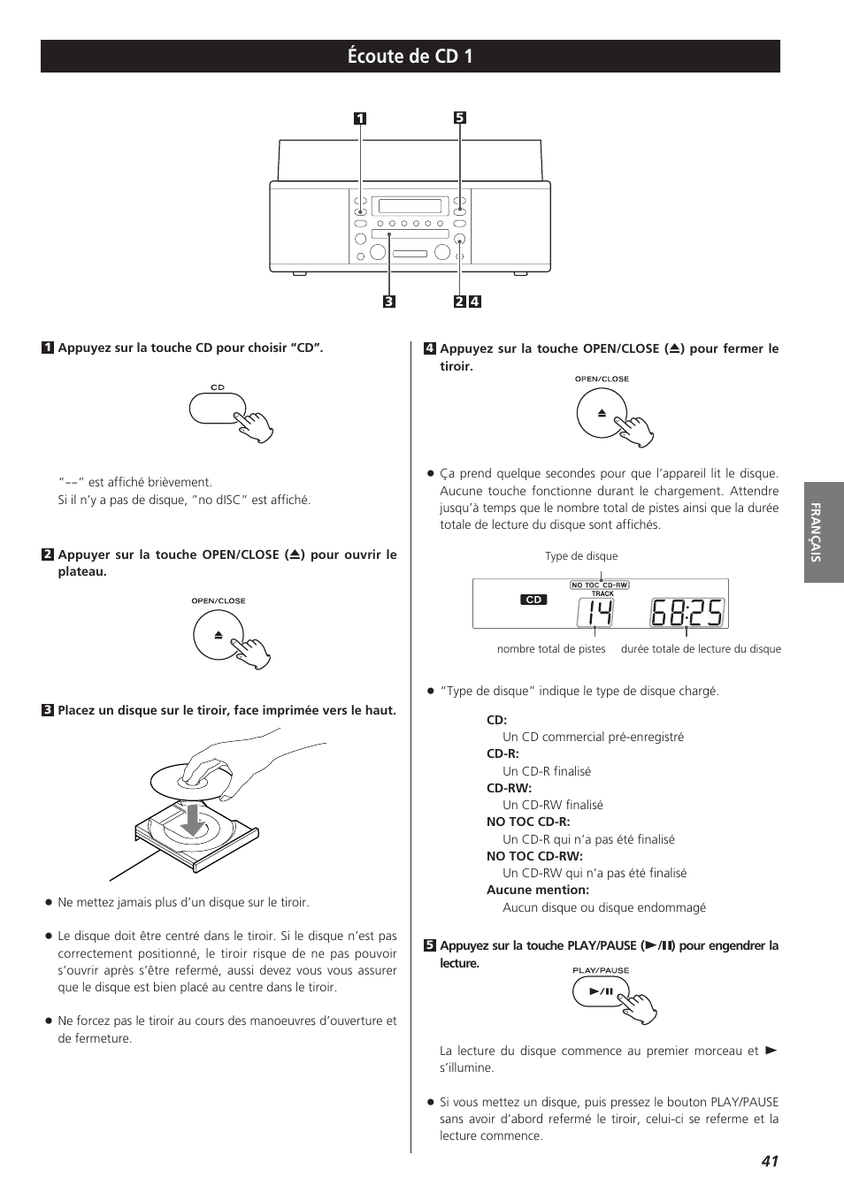 Écoute de cd, Écoute de cd 1 | Teac LPR400 User Manual | Page 41 / 76