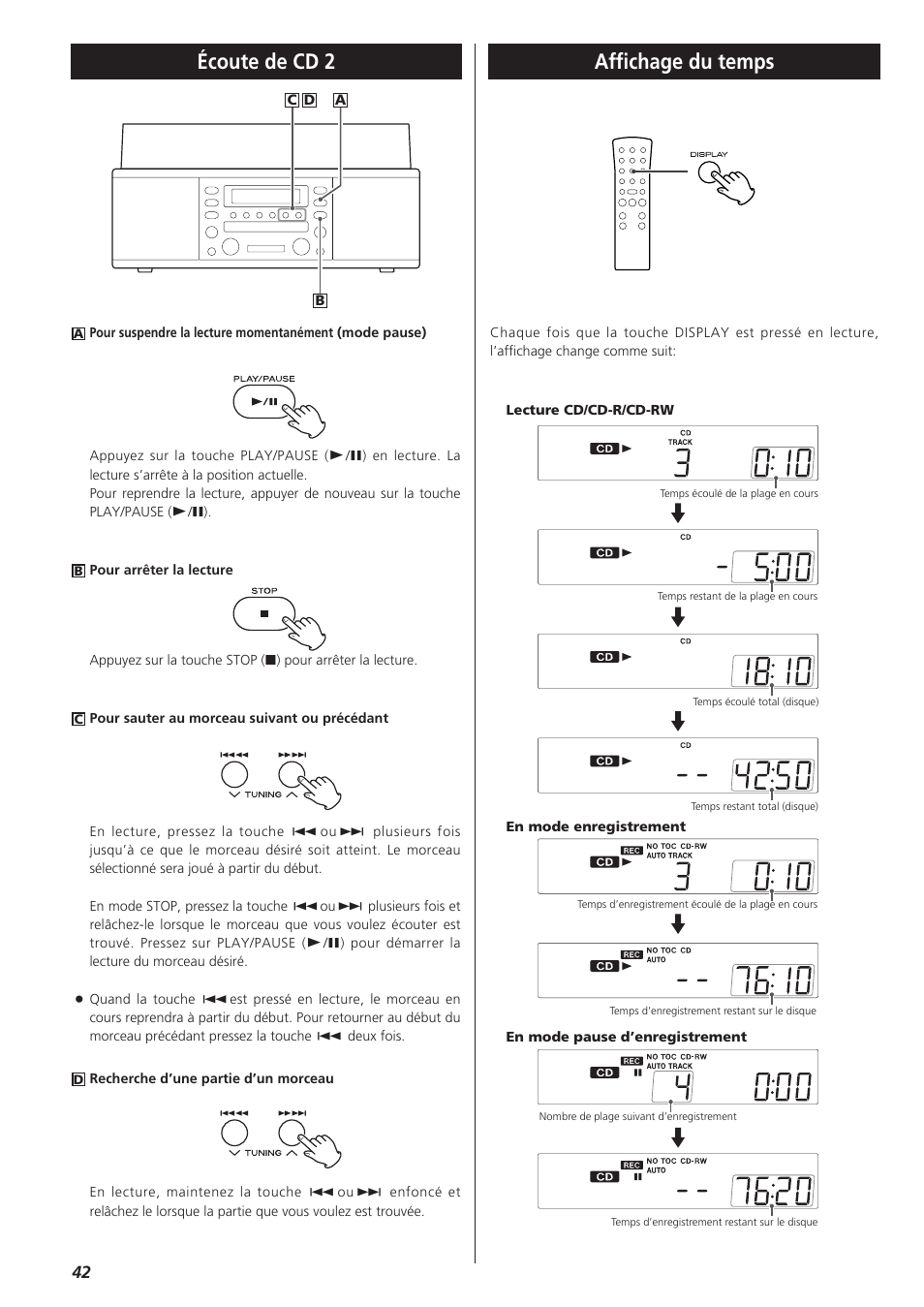 Affichage du temps, Écoute de cd 2 affichage du temps | Teac LPR400 User Manual | Page 42 / 76