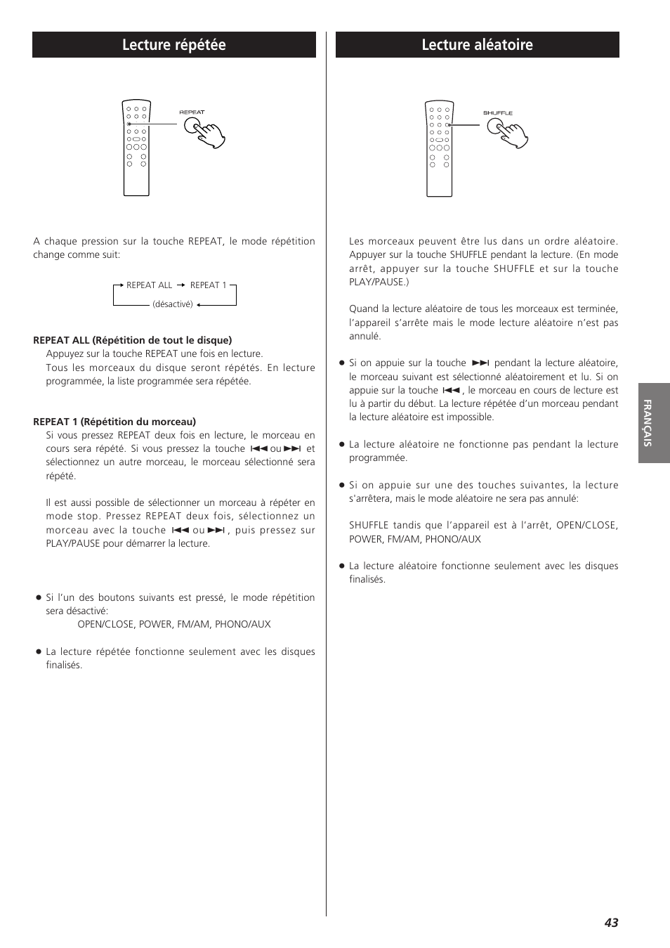 Lecture répétée, Lecture aléatoire | Teac LPR400 User Manual | Page 43 / 76