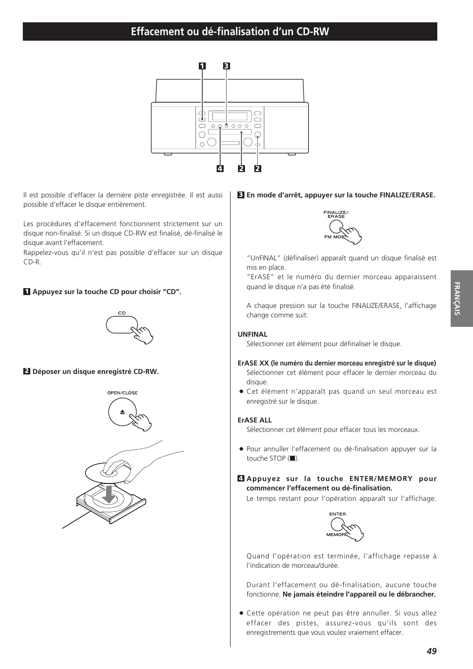 Effacement ou dé-finalisation d’un cd-rw | Teac LPR400 User Manual | Page 49 / 76