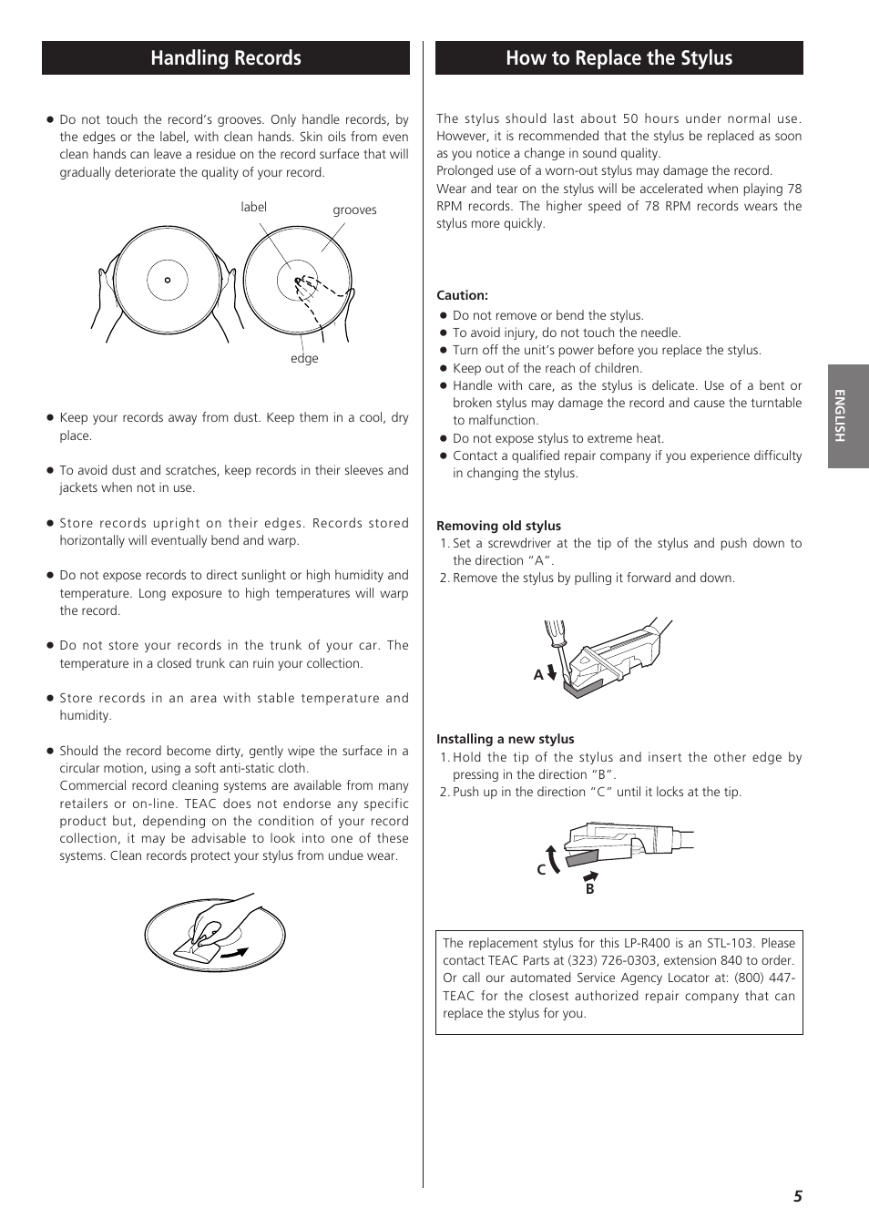 Handling records, How to replace the stylus | Teac LPR400 User Manual | Page 5 / 76