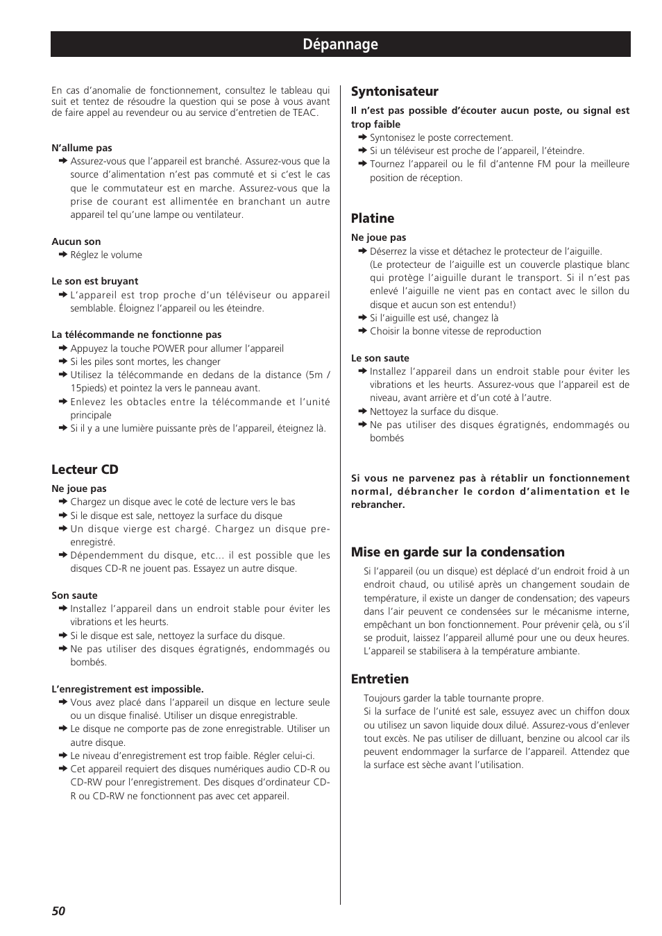 Dépannage, Lecteur cd, Syntonisateur | Platine, Mise en garde sur la condensation, Entretien | Teac LPR400 User Manual | Page 50 / 76