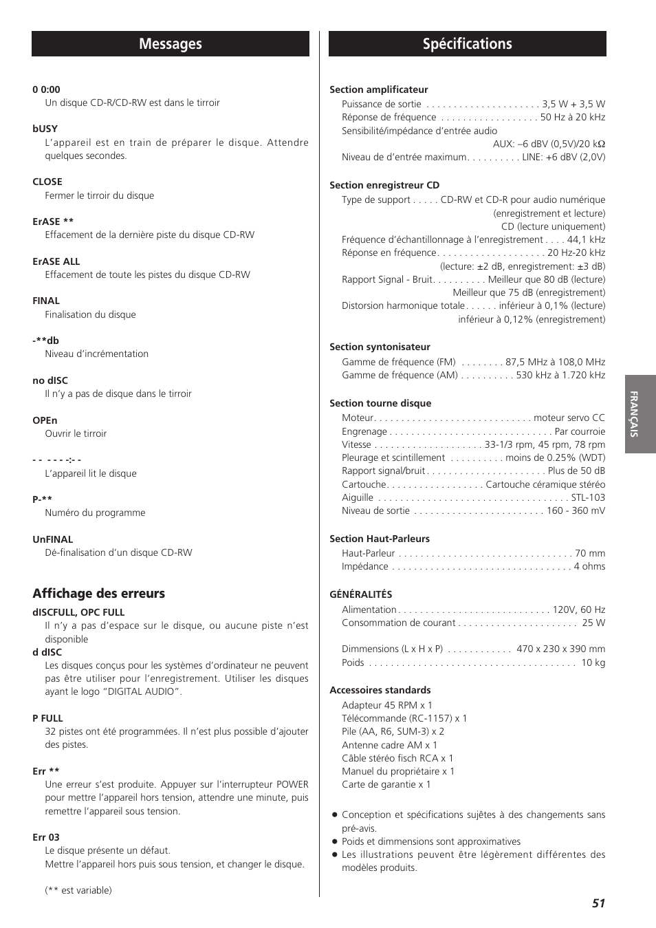 Messages, Spécifications, Spécifications messages | Affichage des erreurs | Teac LPR400 User Manual | Page 51 / 76