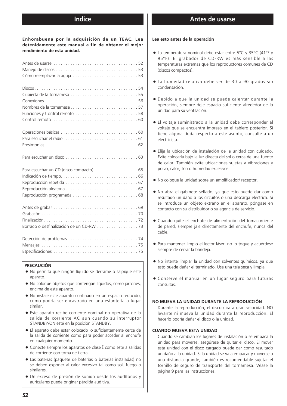 Español, Indice, Antes de usarse | Teac LPR400 User Manual | Page 52 / 76