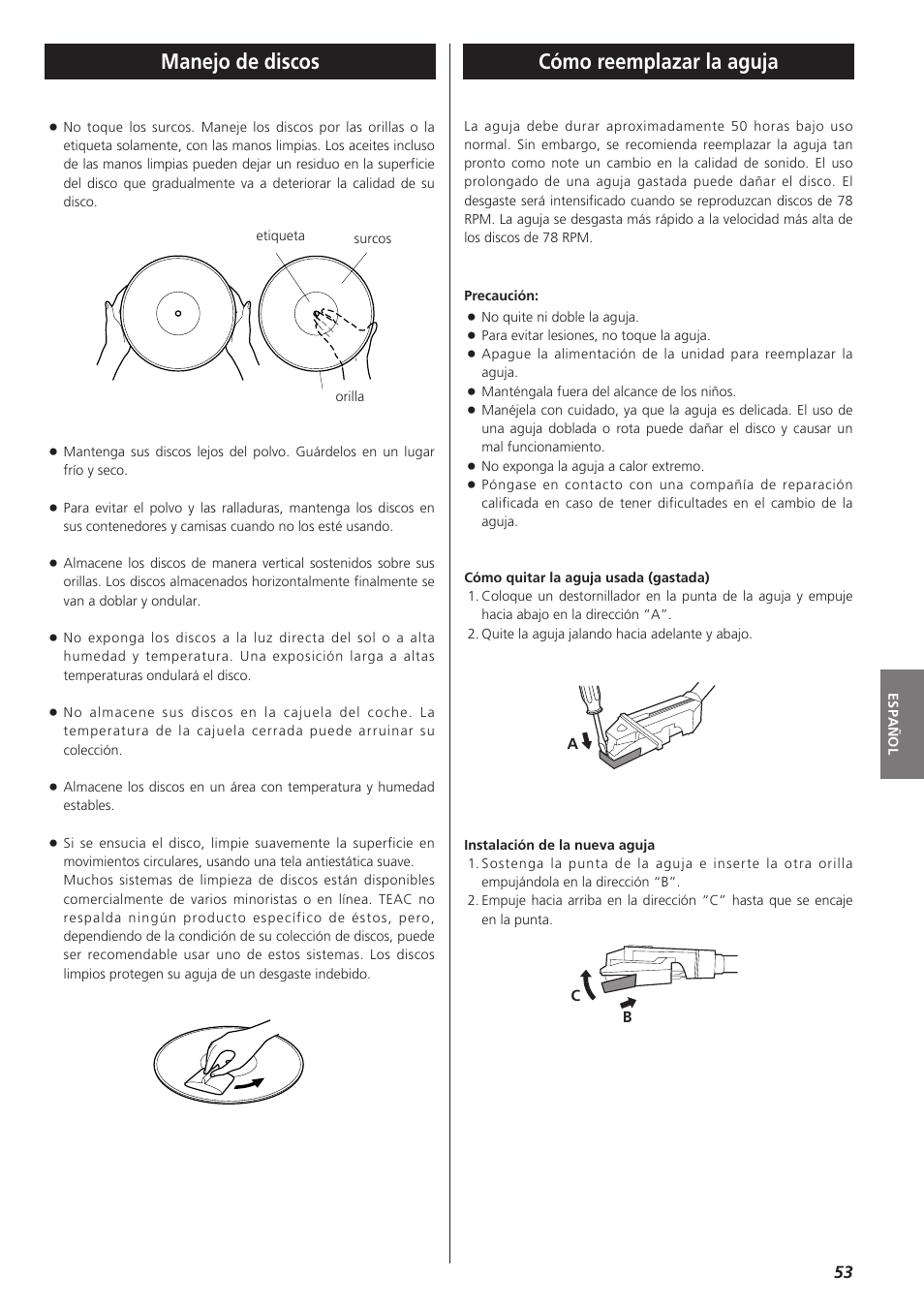 Manejo de discos, Cómo reemplazar la aguja | Teac LPR400 User Manual | Page 53 / 76