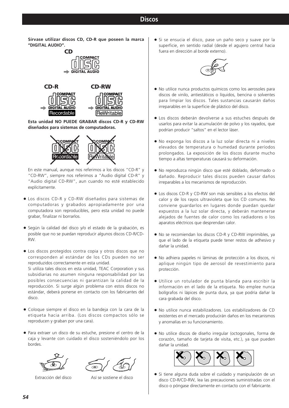 Discos, Cd cd-r cd-rw | Teac LPR400 User Manual | Page 54 / 76