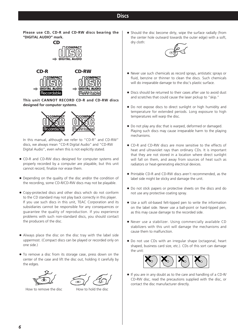 Discs, Cd cd-r cd-rw | Teac LPR400 User Manual | Page 6 / 76