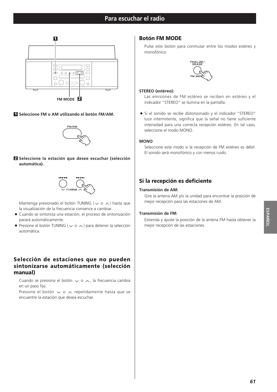 Para escuchar el radio, Botón fm mode, Si la recepción es deficiente | Teac LPR400 User Manual | Page 61 / 76