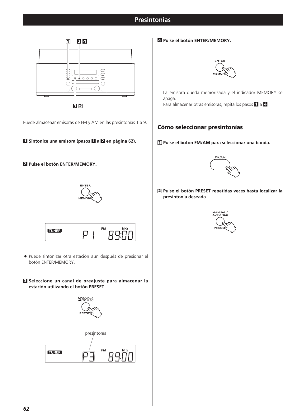 Presintonías, Cómo seleccionar presintonías | Teac LPR400 User Manual | Page 62 / 76