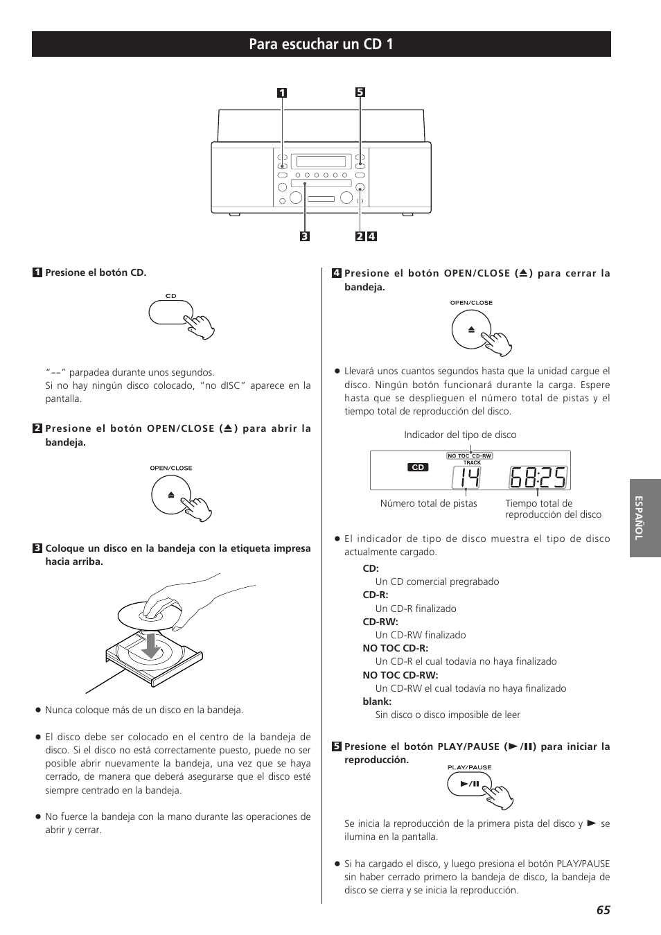 Para escuchar un cd, Para escuchar un cd 1 | Teac LPR400 User Manual | Page 65 / 76