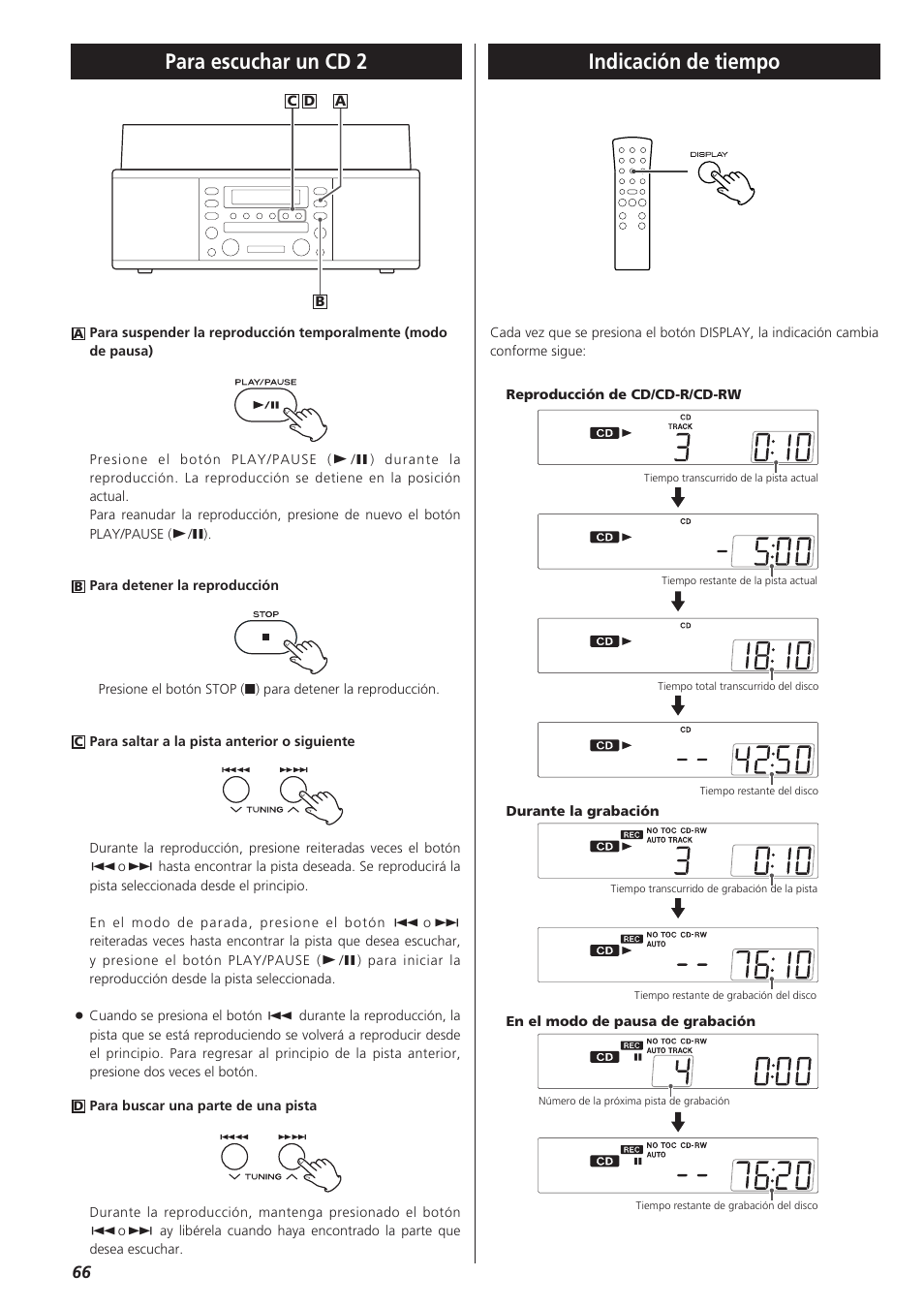 Indicación de tiempo, Para escuchar un cd 2 indicación de tiempo | Teac LPR400 User Manual | Page 66 / 76