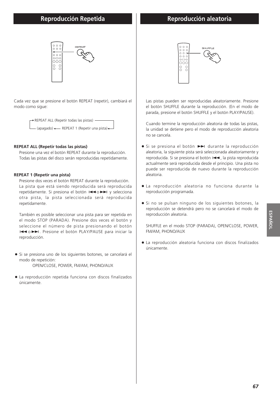 Reproducción repetida, Reproducción aleatoria | Teac LPR400 User Manual | Page 67 / 76