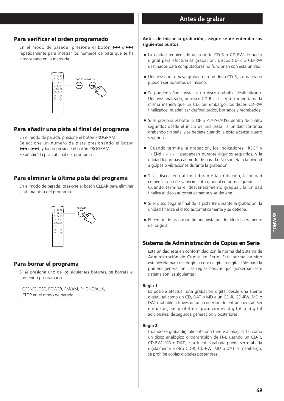 Antes de grabar, Para añadir una pista al final del programa, Para eliminar la última pista del programa | Para borrar el programa, Para verificar el orden programado, Sistema de administración de copias en serie | Teac LPR400 User Manual | Page 69 / 76