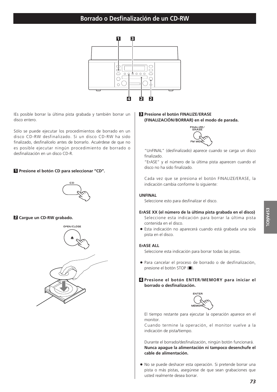 Borrado o desfinalización de un cd-rw | Teac LPR400 User Manual | Page 73 / 76