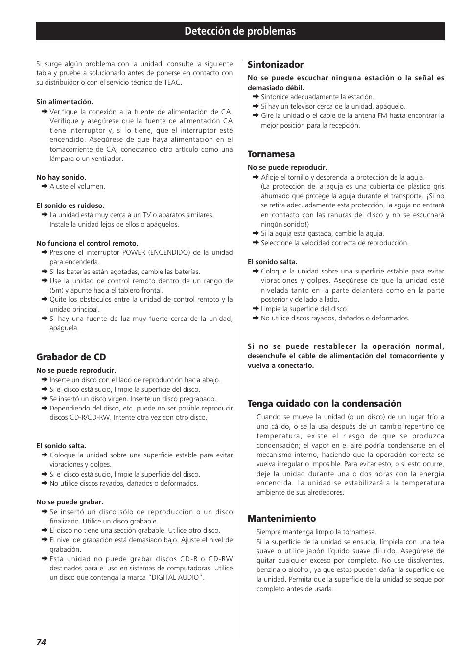 Detección de problemas, Grabador de cd, Sintonizador | Tornamesa, Tenga cuidado con la condensación, Mantenimiento | Teac LPR400 User Manual | Page 74 / 76