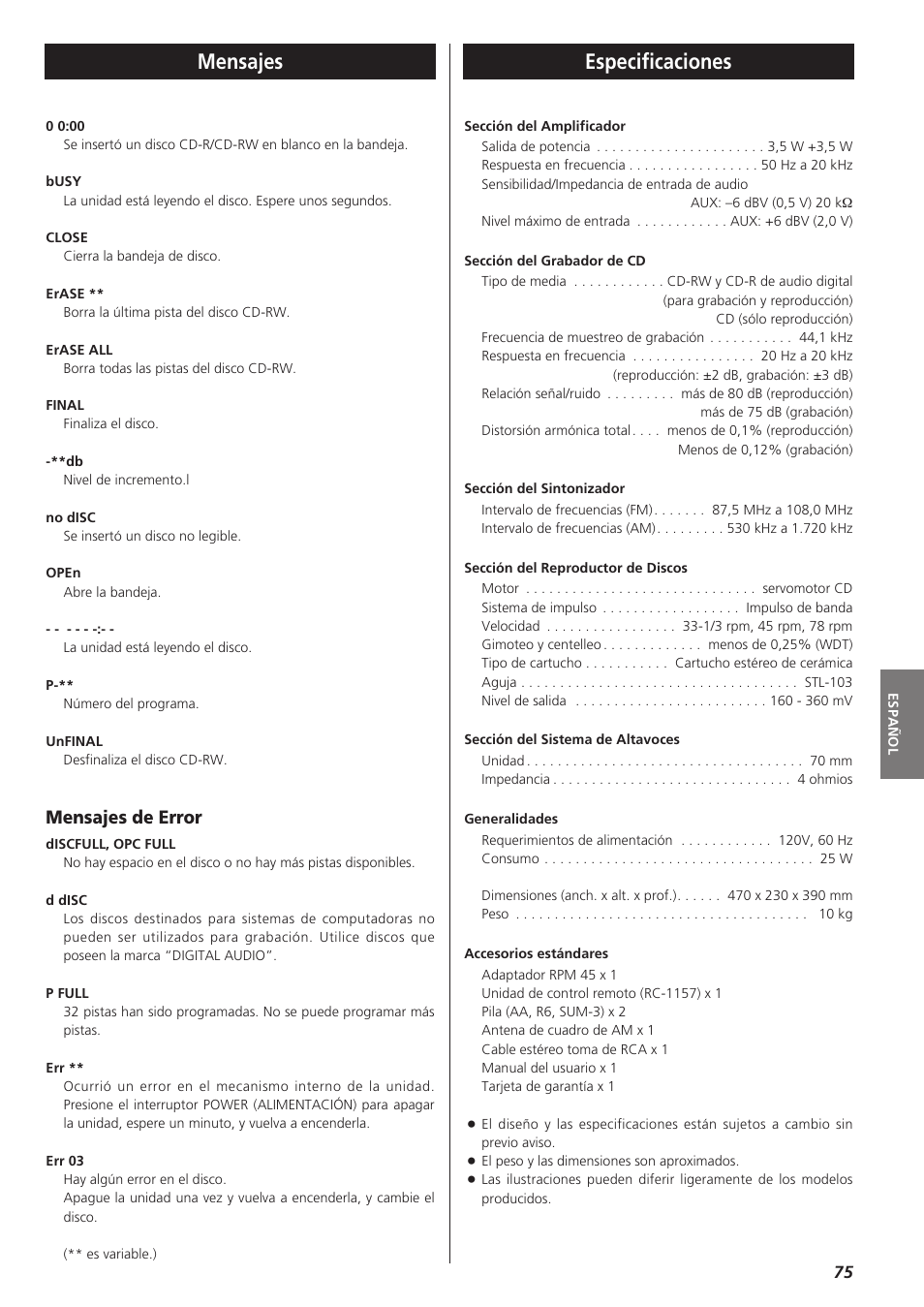 Mensajes, Especificaciones, Mensajes de error | Teac LPR400 User Manual | Page 75 / 76