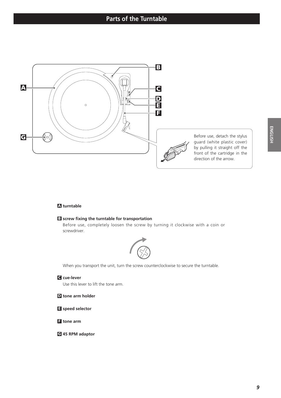 Parts of the turntable | Teac LPR400 User Manual | Page 9 / 76