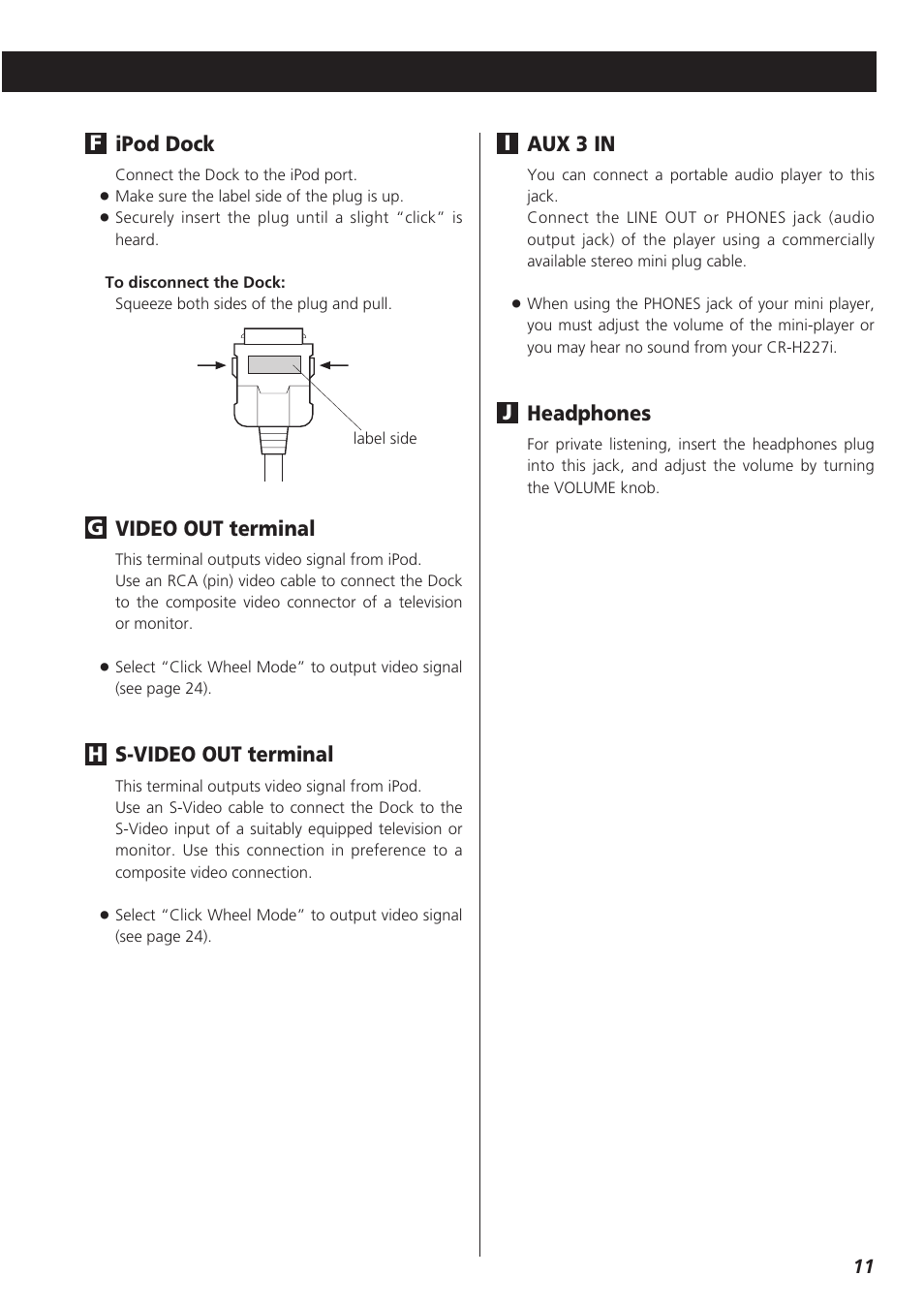 Ipod dock, Video out terminal, S-video out terminal | Hg f aux 3 in, Headphones | Teac CR-H227I User Manual | Page 11 / 43