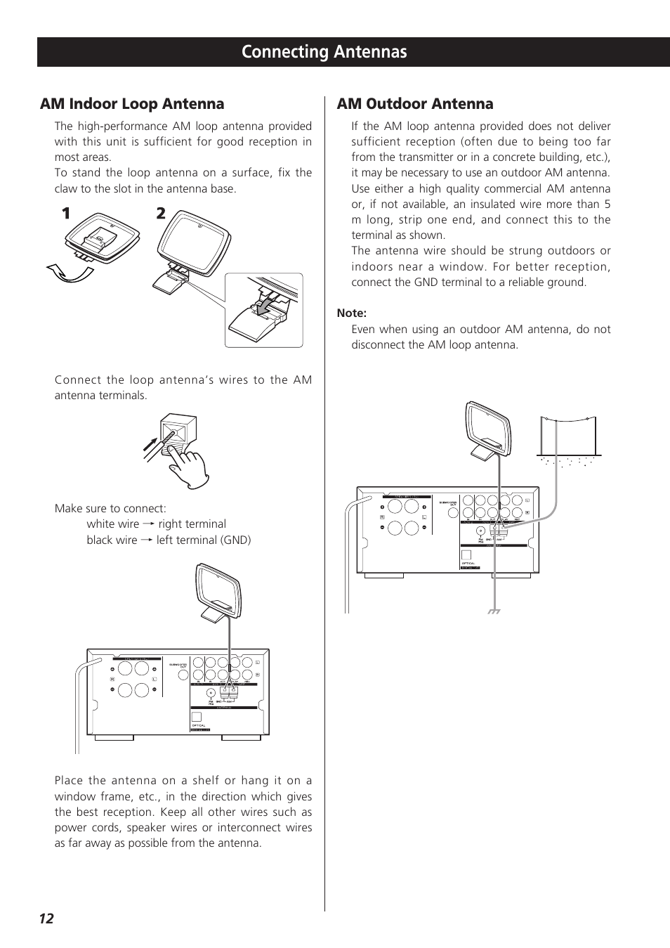 Connecting antennas, Am indoor loop antenna, Am outdoor antenna | Teac CR-H227I User Manual | Page 12 / 43