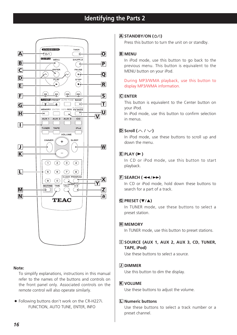 Identifying the parts 2 | Teac CR-H227I User Manual | Page 16 / 43