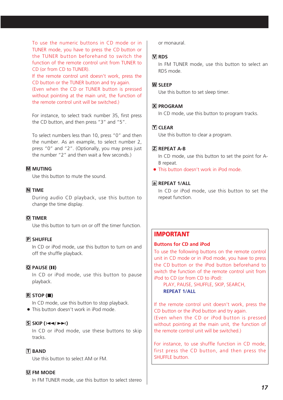 Important | Teac CR-H227I User Manual | Page 17 / 43