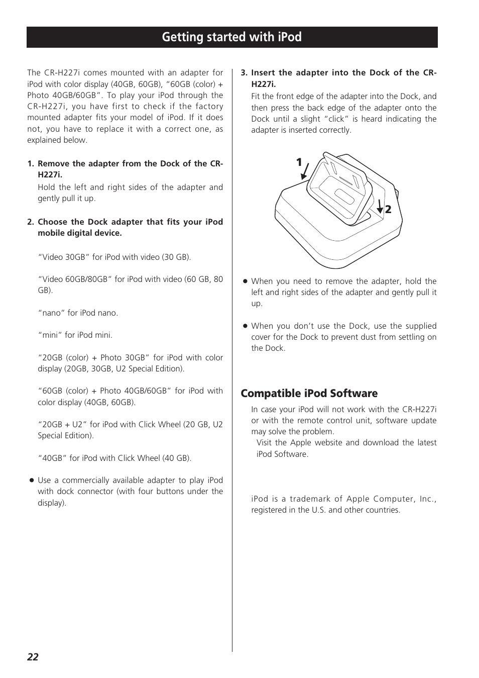 Getting started with ipod, Compatible ipod software | Teac CR-H227I User Manual | Page 22 / 43