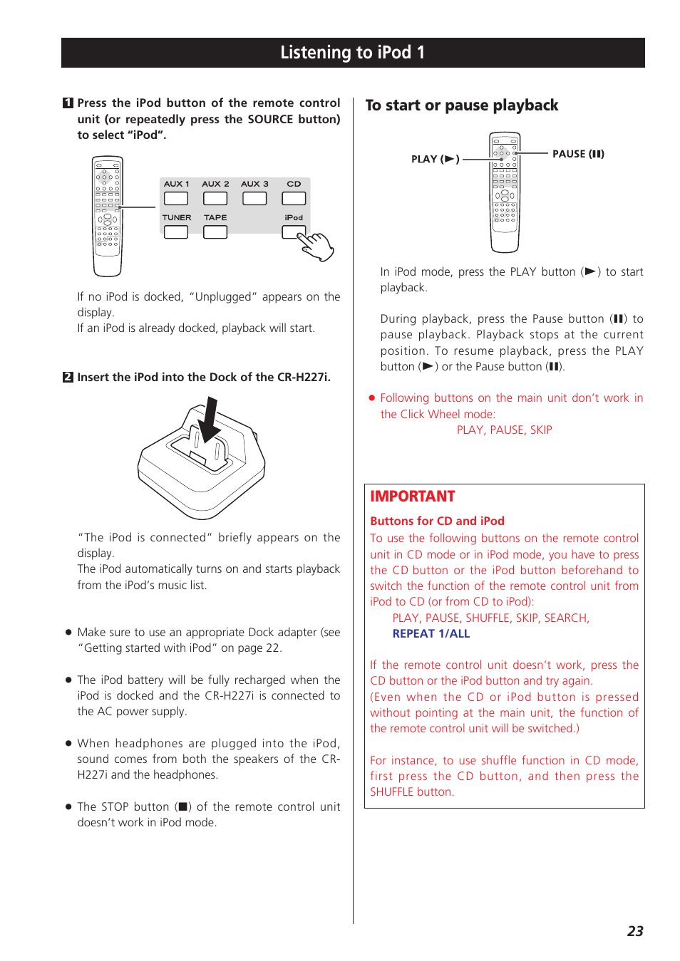 Listening to ipod 1, Important | Teac CR-H227I User Manual | Page 23 / 43