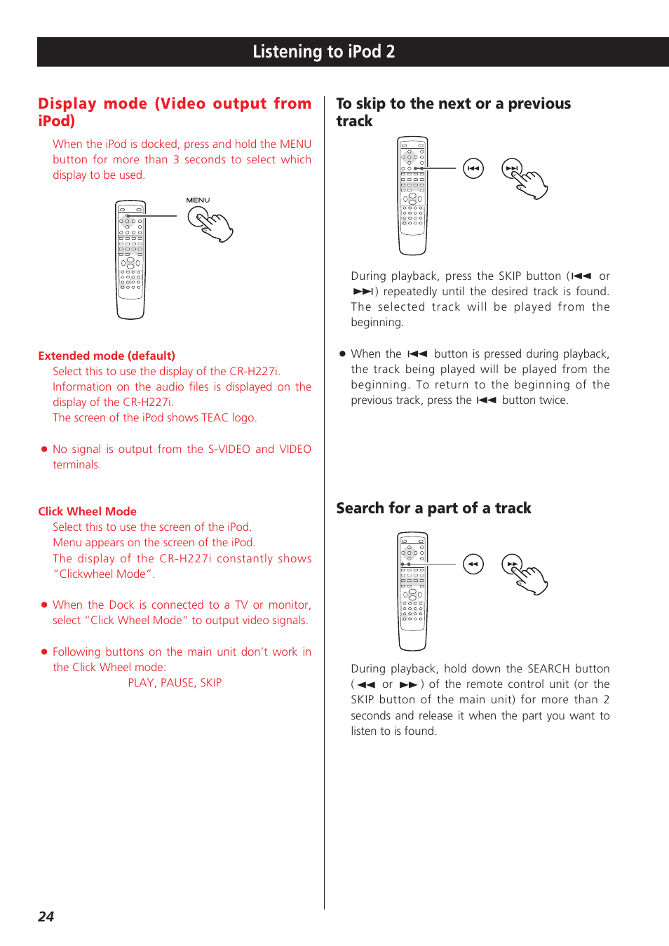 Listening to ipod 2, Display mode (video output from ipod) | Teac CR-H227I User Manual | Page 24 / 43