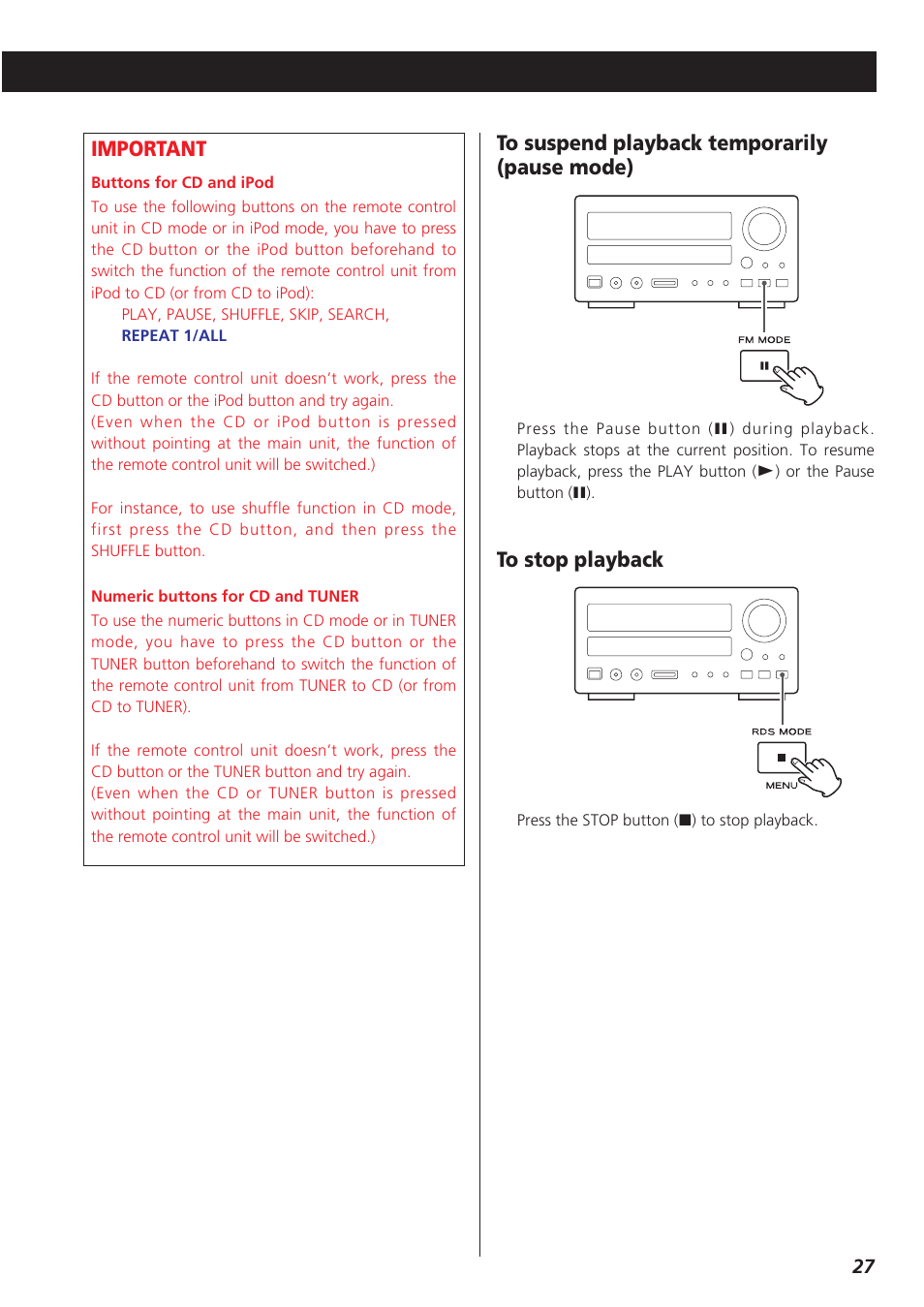 Important | Teac CR-H227I User Manual | Page 27 / 43