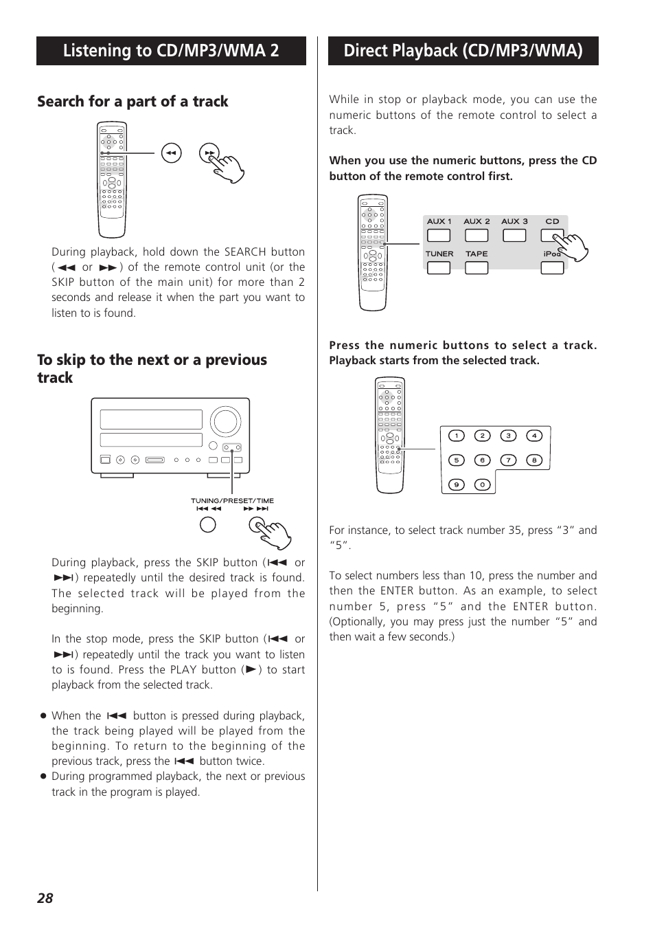 Direct playback (cd/mp3/wma), Listening to cd/mp3/wma 2, Search for a part of a track | Teac CR-H227I User Manual | Page 28 / 43