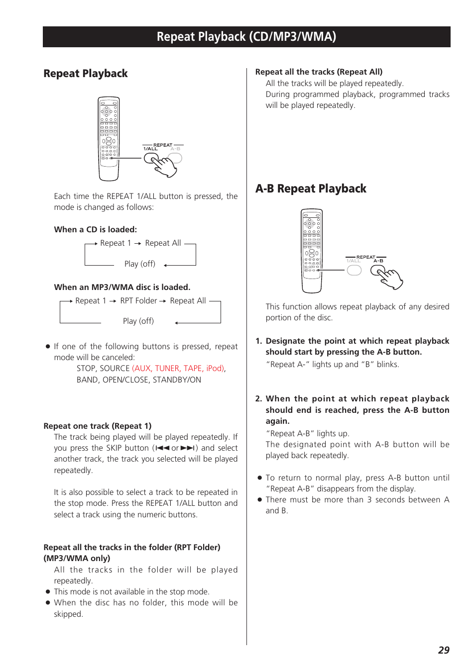 Repeat playback (cd/mp3/wma), A-b repeat playback, Repeat playback | Teac CR-H227I User Manual | Page 29 / 43