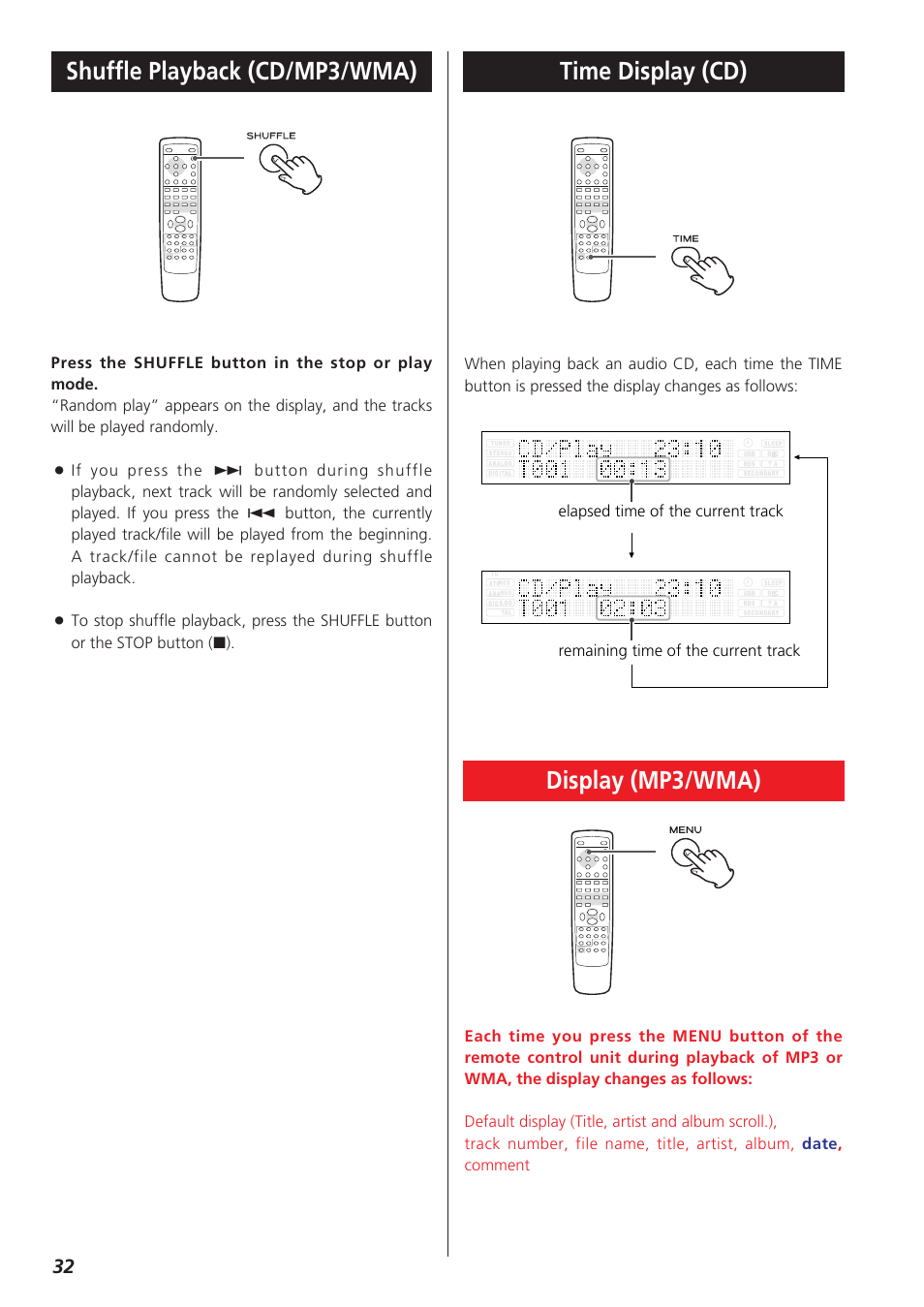 Time display (cd), Shuffle playback (cd/mp3/wma), Display (mp3/wma) | Teac CR-H227I User Manual | Page 32 / 43