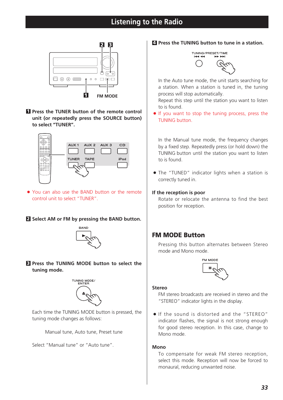 Listening to the radio, Fm mode button | Teac CR-H227I User Manual | Page 33 / 43