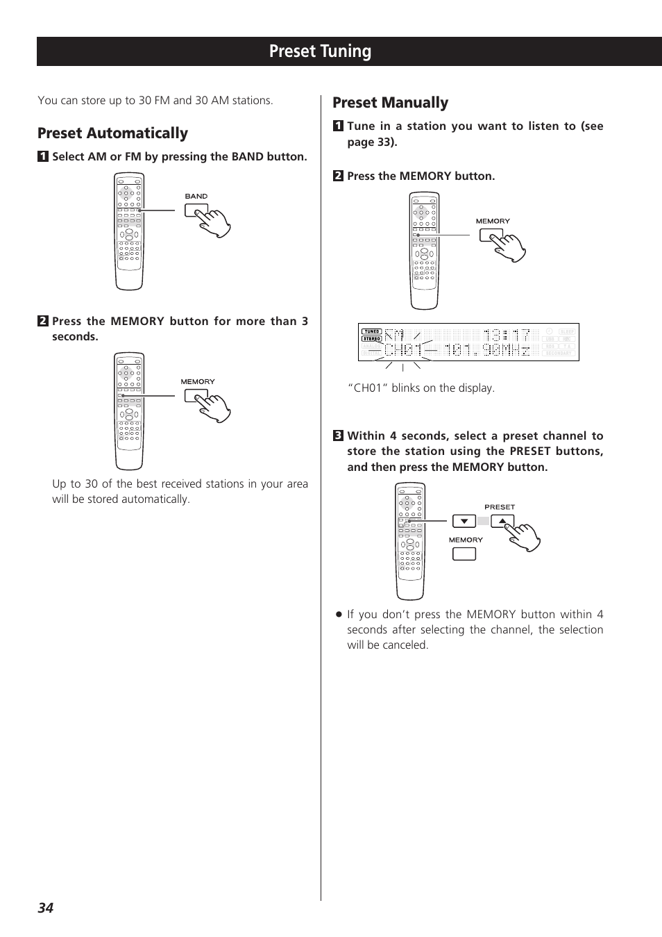 Preset tuning, Preset automatically, Preset manually | Teac CR-H227I User Manual | Page 34 / 43