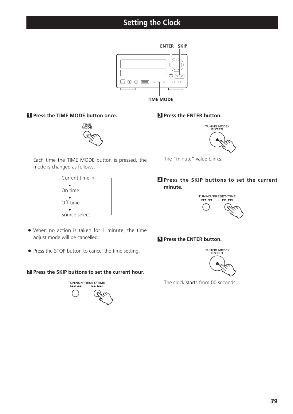 Setting the clock | Teac CR-H227I User Manual | Page 39 / 43