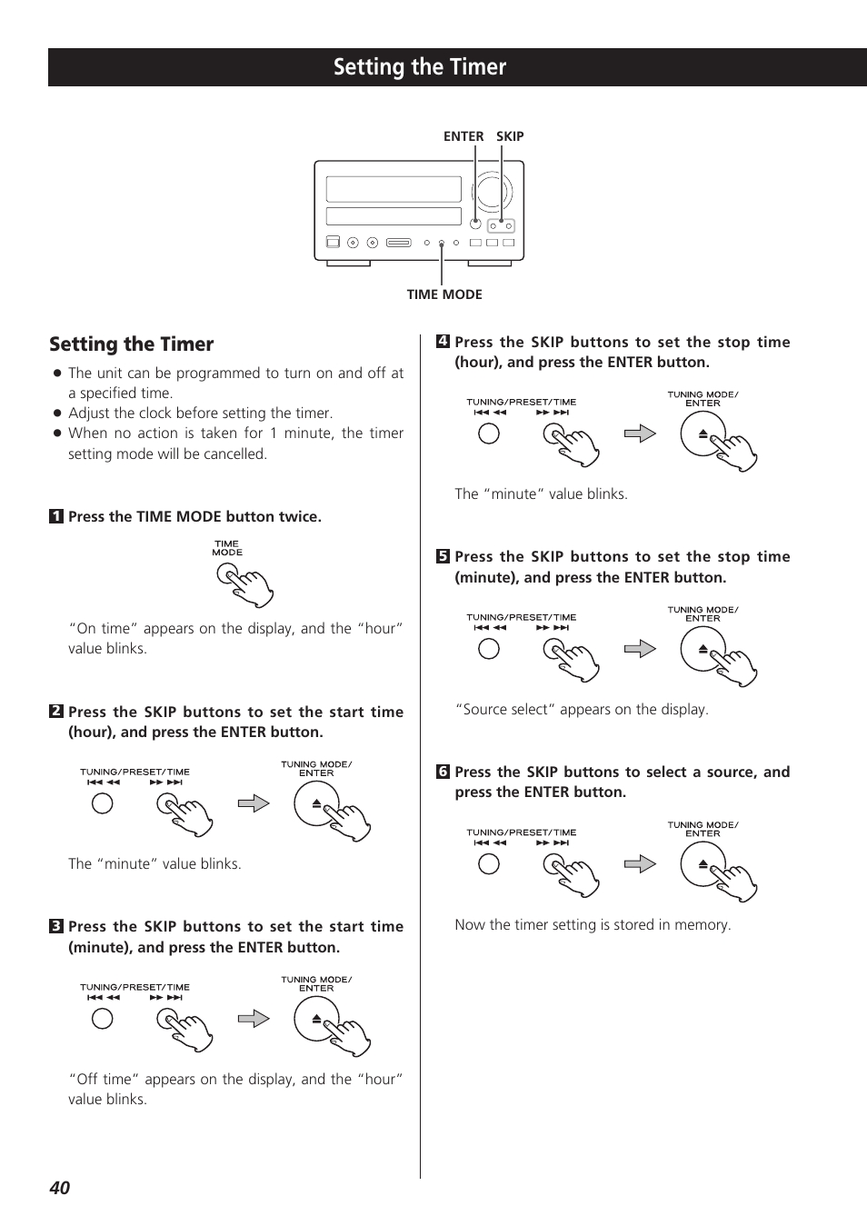 Setting the timer | Teac CR-H227I User Manual | Page 40 / 43