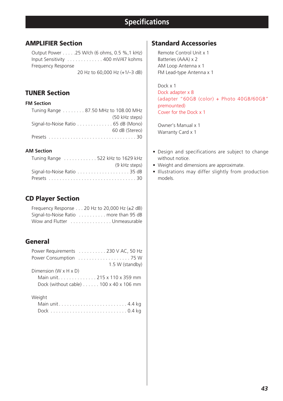 Specifications, General, Standard accessories | Teac CR-H227I User Manual | Page 43 / 43