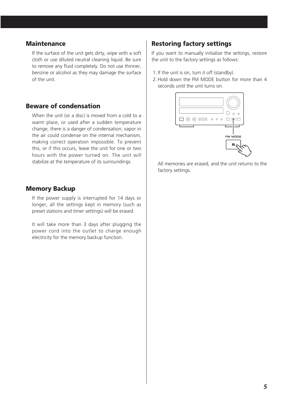 Maintenance, Beware of condensation, Restoring factory settings | Teac CR-H227I User Manual | Page 5 / 43