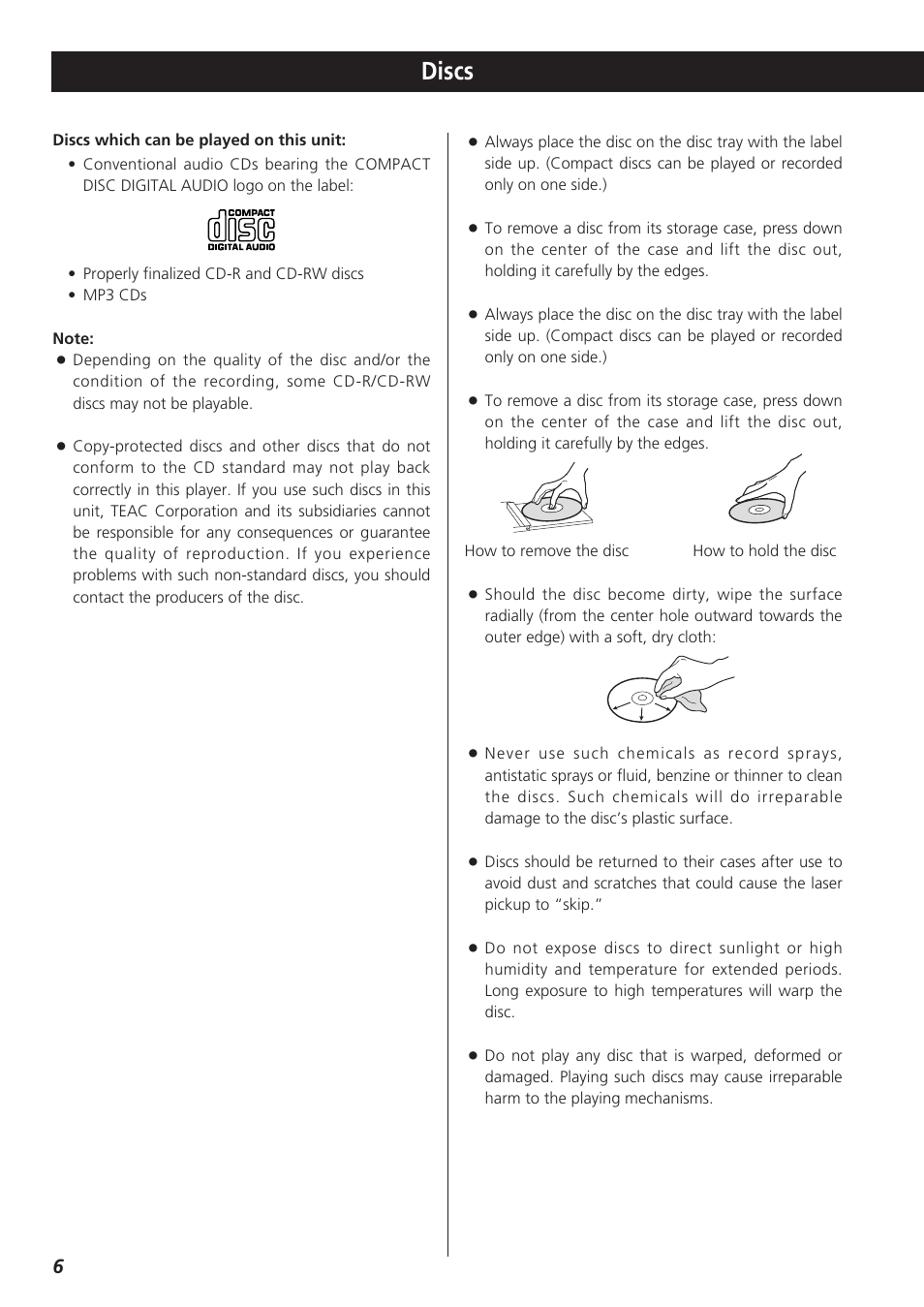 Discs | Teac CR-H227I User Manual | Page 6 / 43