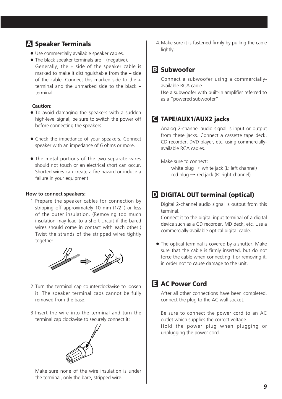 Subwoofer, Tape/aux1/aux2 jacks, Digital out terminal (optical) | Ac power cord, Ed c b speaker terminals | Teac CR-H227I User Manual | Page 9 / 43