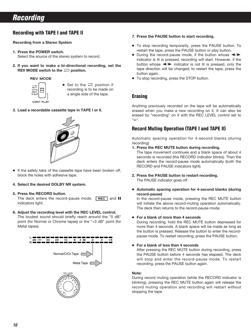 Recording, Recording with tape i and tape ll, Erasing | Record muting operation (tape i and tape il) | Teac W-860R User Manual | Page 10 / 76