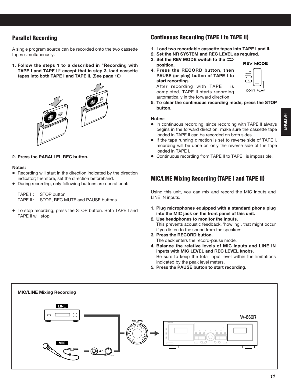 Parallel recording, Mic/line mixing recording (tape i and tape il), Continuous recording (tape i to tape il) | Teac W-860R User Manual | Page 11 / 76